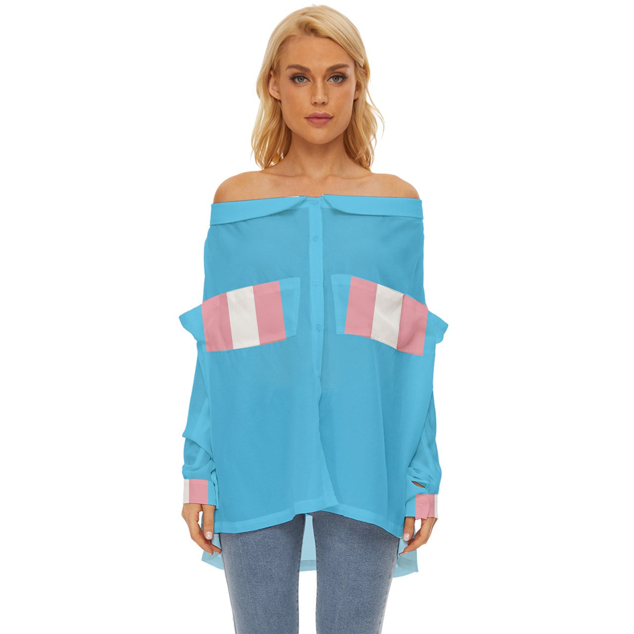 Trans Coloured/Blue Off-Shoulder Chiffon Beach Pocket Shirt tunnellsCo.