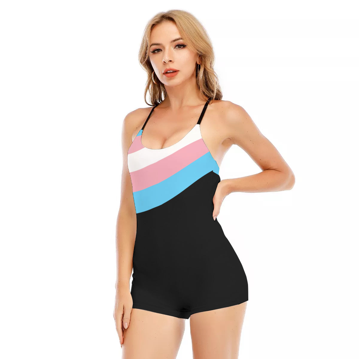 All-Over Print Women's Backless Jumpsuit With Black Straps