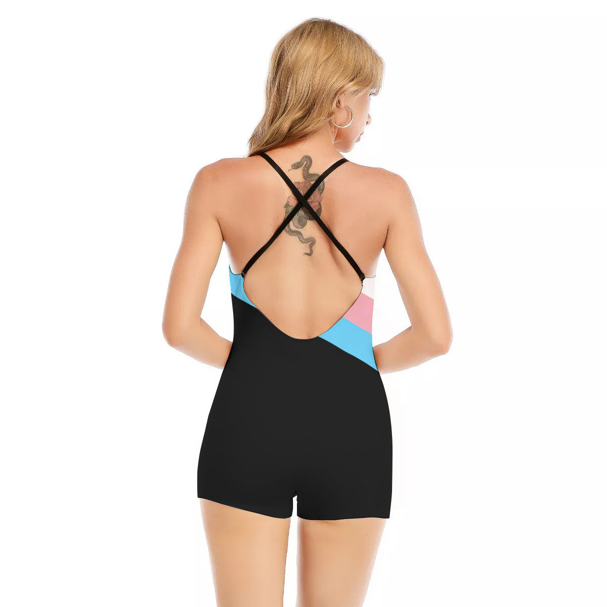 All-Over Print Women's Backless Jumpsuit With Black Straps