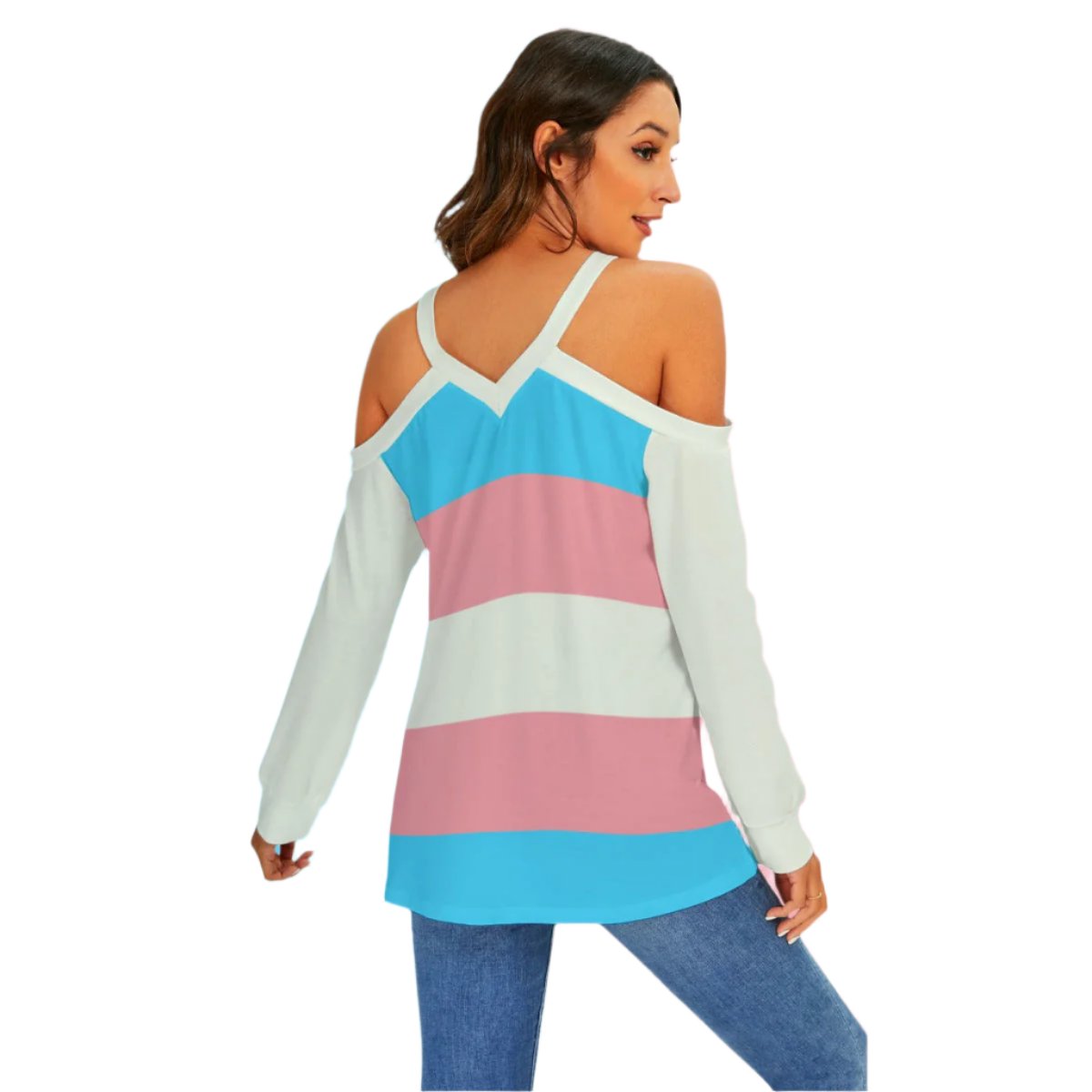 Trans Coloured Trans Pride Loose Fitting V-Neck Cold-Shoulder Casual Top tunnellsCo.