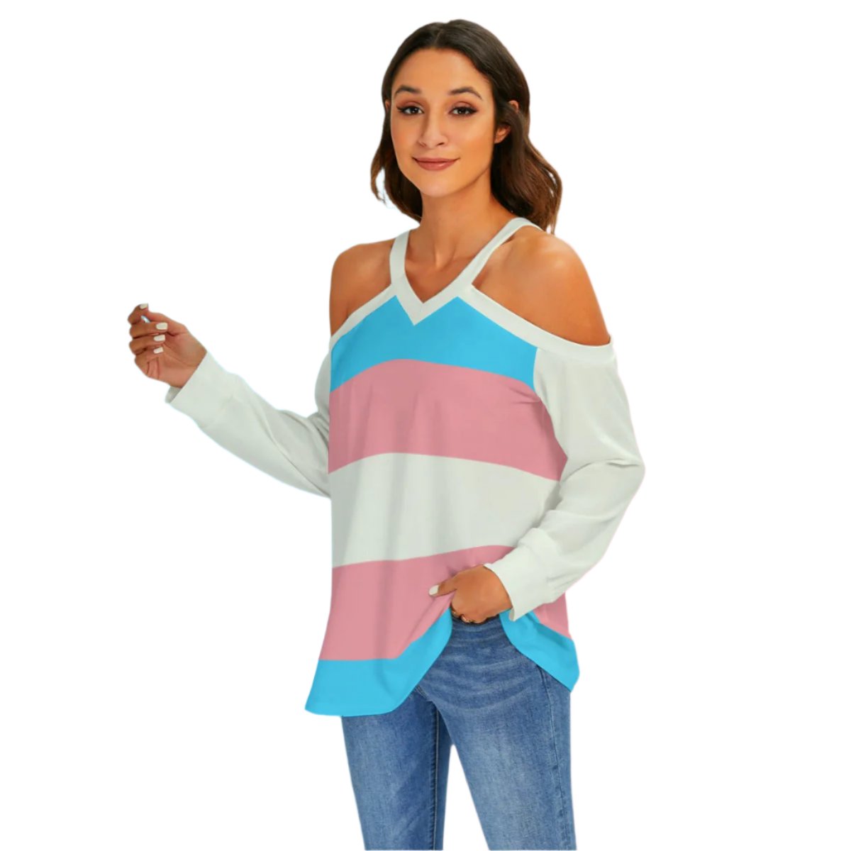 Trans Coloured Trans Pride Loose Fitting V-Neck Cold-Shoulder Casual Top tunnellsCo.