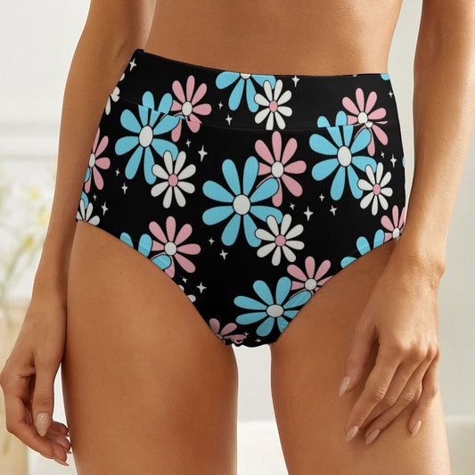 Blue Pink White Big Daisies Pride Black Statement High-Waist Knickers
