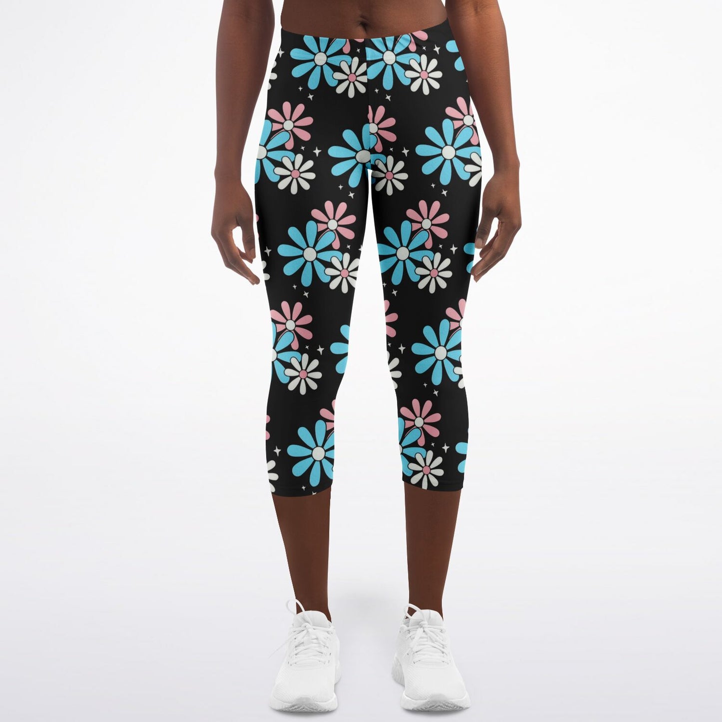 Blue Pink White Big Daisies Series Black Pilates Yoga Capri