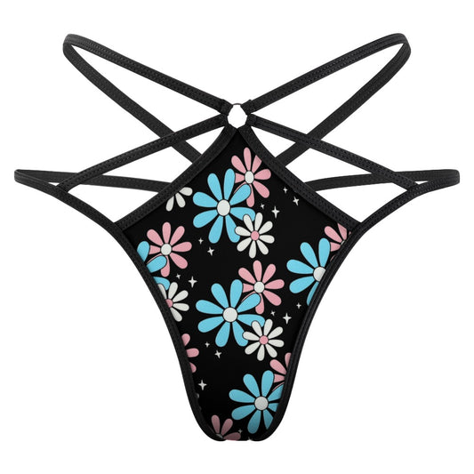 Blue Pink White Big Daisies Pride Black Sexy G-String Thong