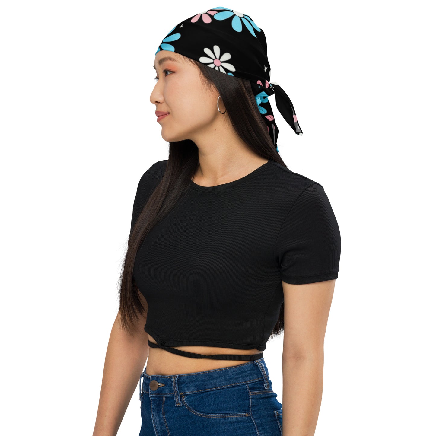 Blue Pink White Big Daisies Series Black Microfiber Bandana