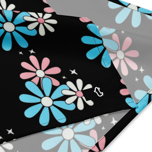 Blue Pink White Big Daisies Series Black Microfiber Bandana