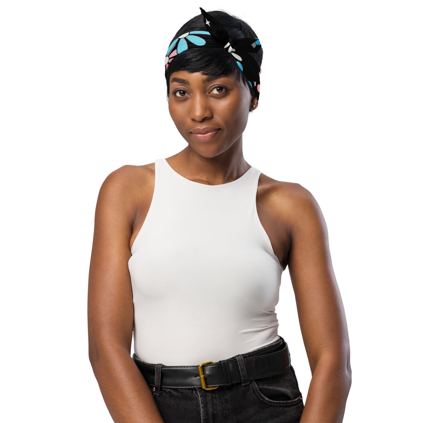 Blue Pink White Big Daisies Series Black Microfiber Bandana