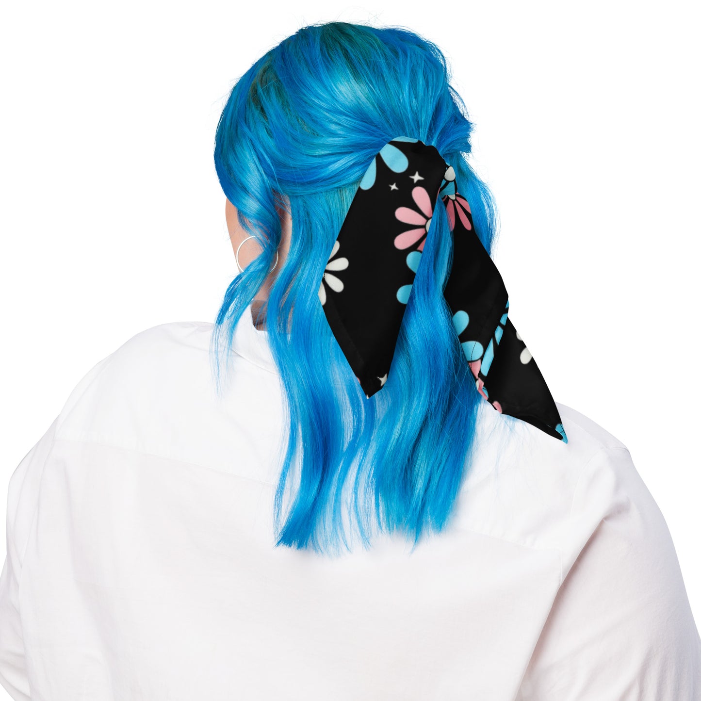 Blue Pink White Big Daisies Series Black Microfiber Bandana