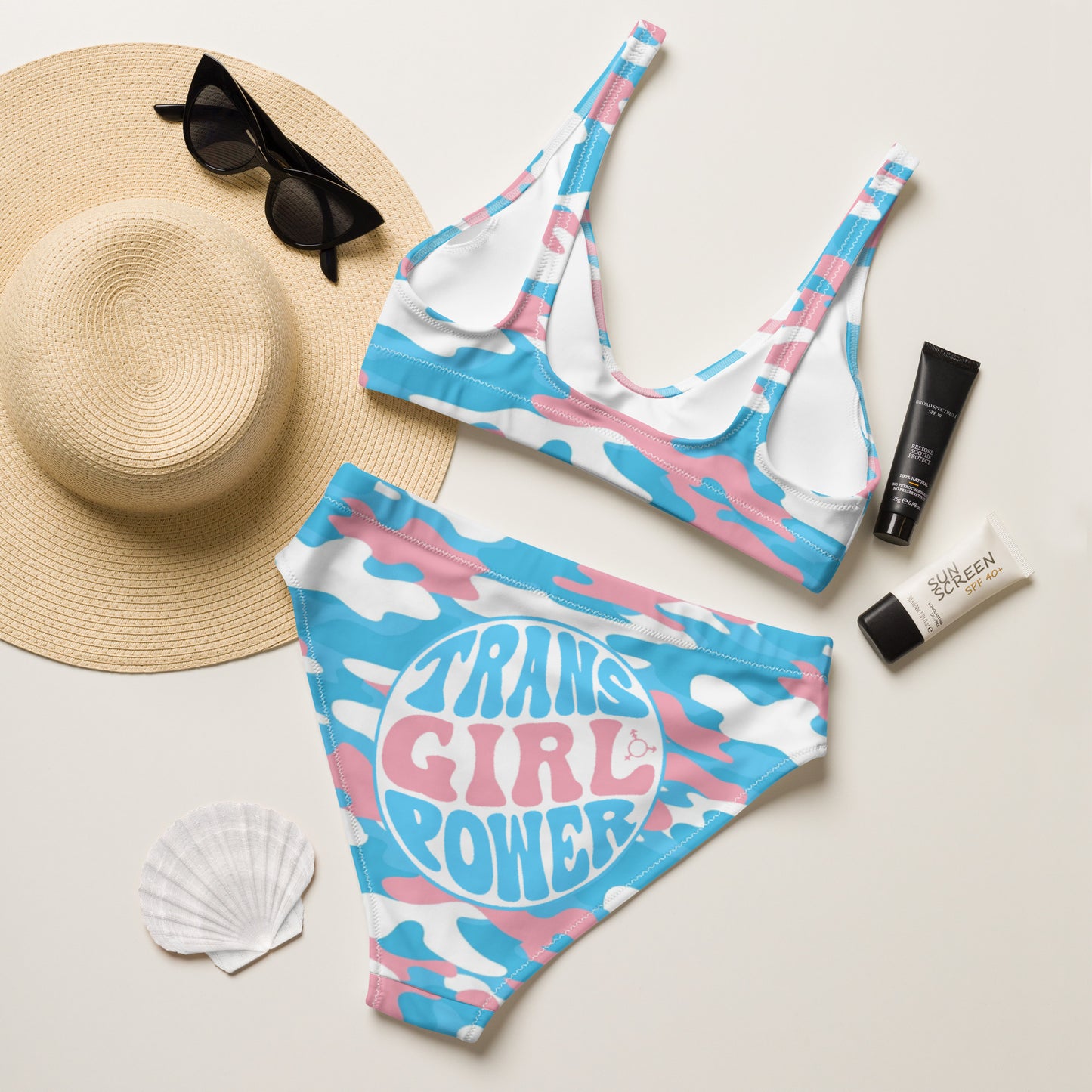 Blue Pink White 'TRANS GIRL POWER' Pride Camouflage Recycled High-Waisted Bikini Twin-Set