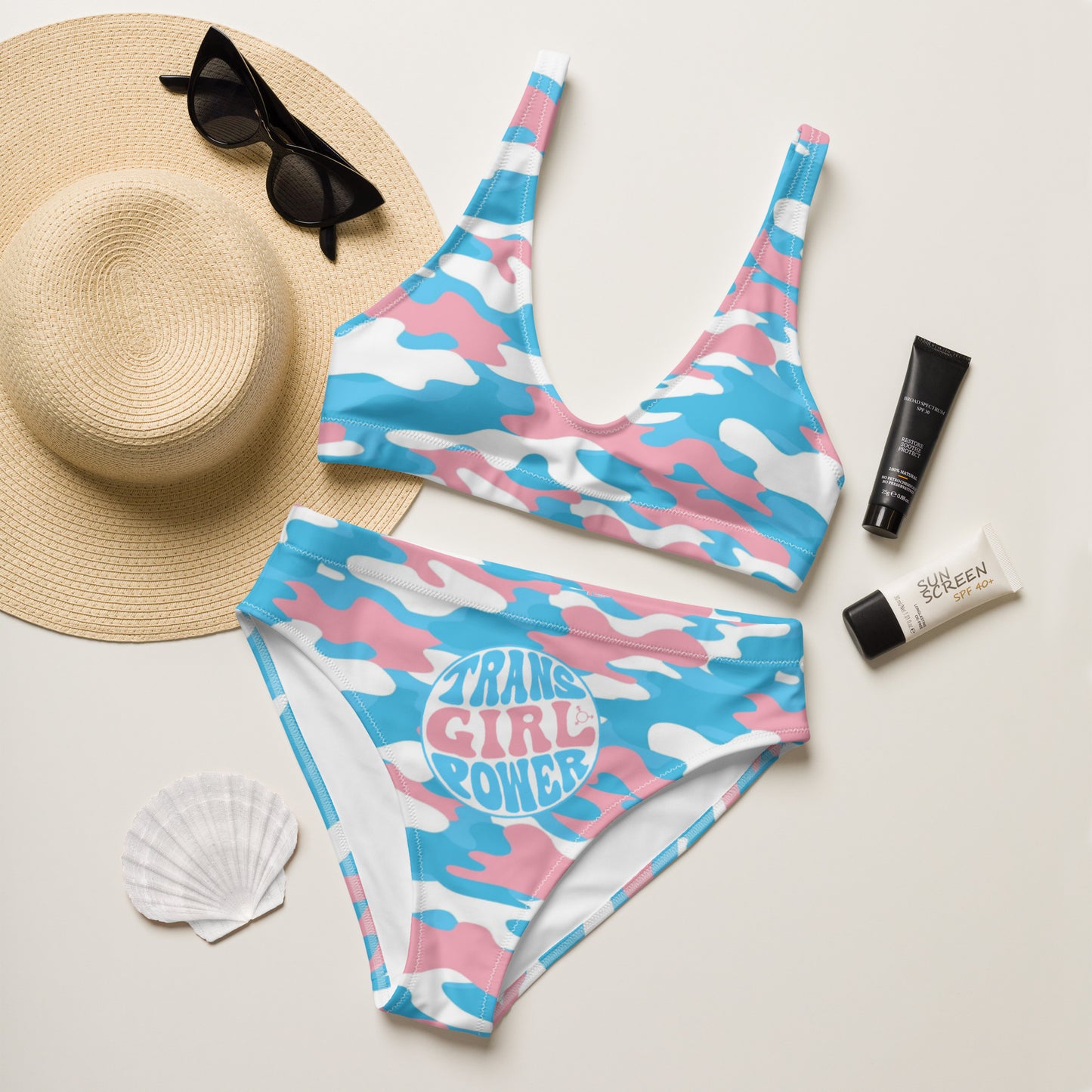 Blue Pink White 'TRANS GIRL POWER' Pride Camouflage Recycled High-Waisted Bikini Twin-Set