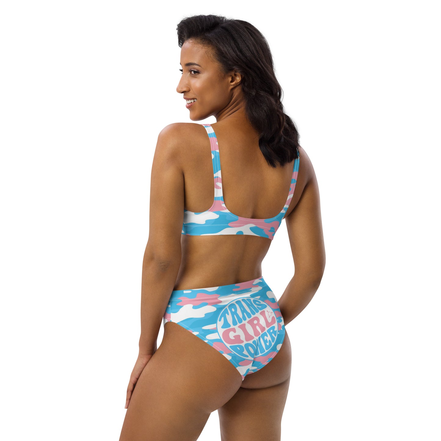Blue Pink White 'TRANS GIRL POWER' Pride Camouflage Recycled High-Waisted Bikini Twin-Set
