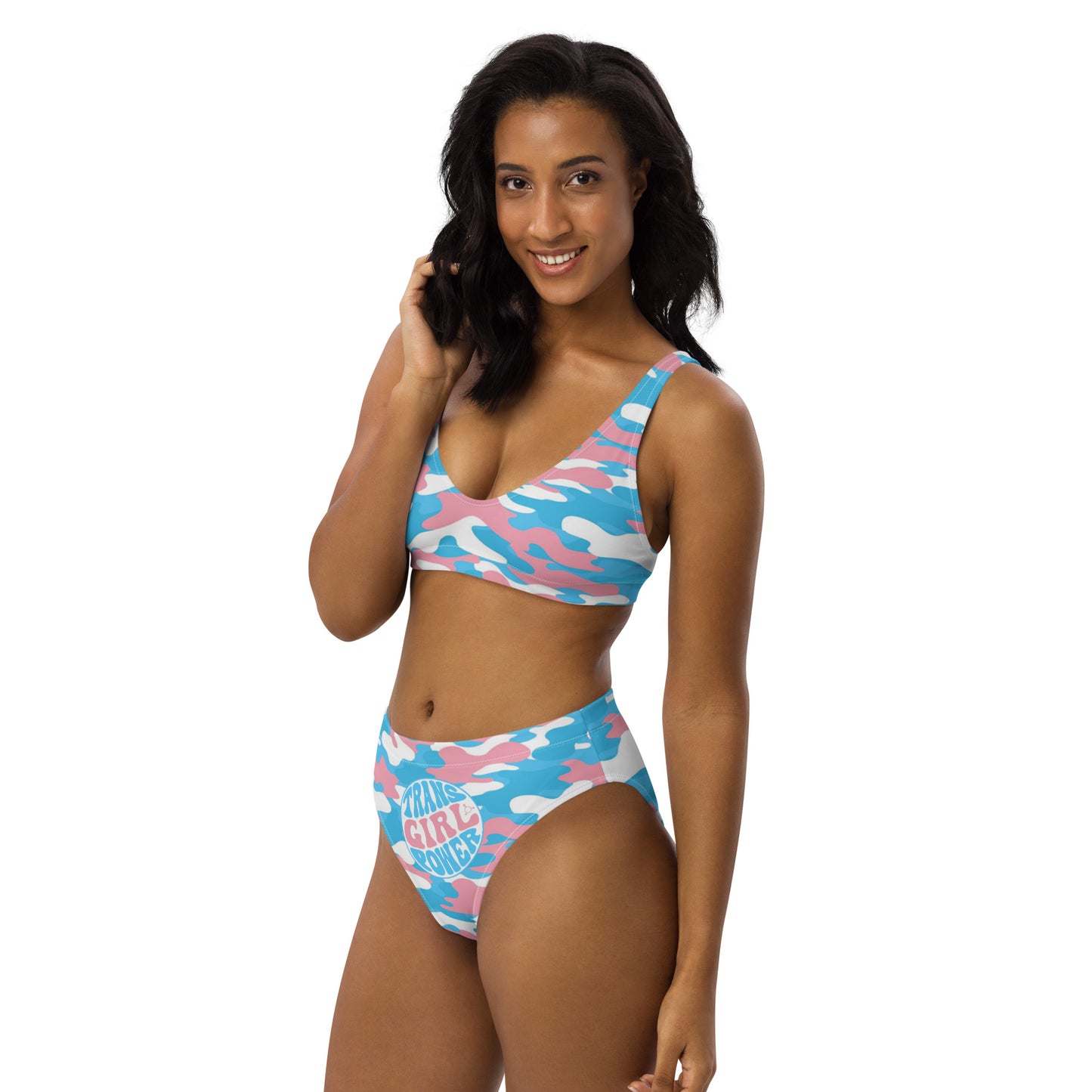 Blue Pink White 'TRANS GIRL POWER' Pride Camouflage Recycled High-Waisted Bikini Twin-Set