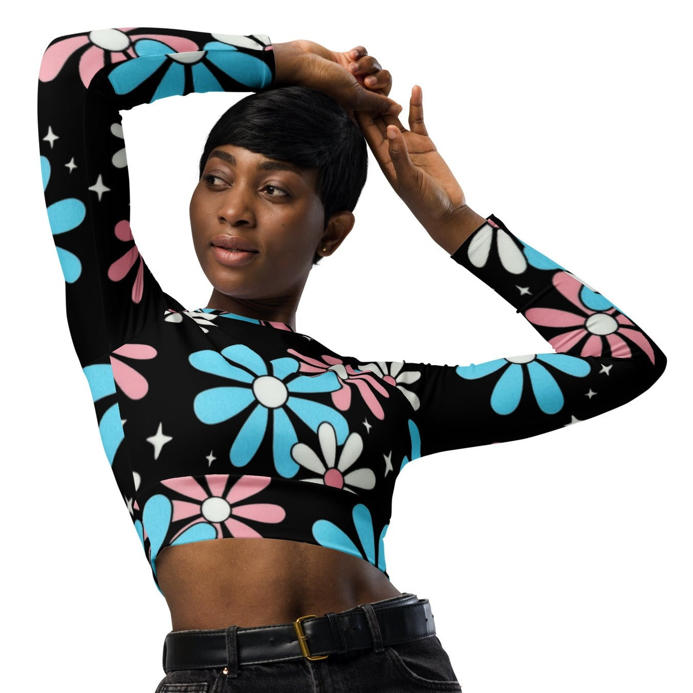 Blue Pink White Big Daisies Pride Cropped Gym Top