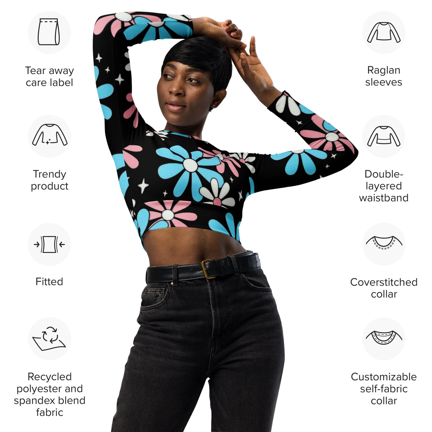 Blue Pink White Big Daisies Pride Cropped Gym Top