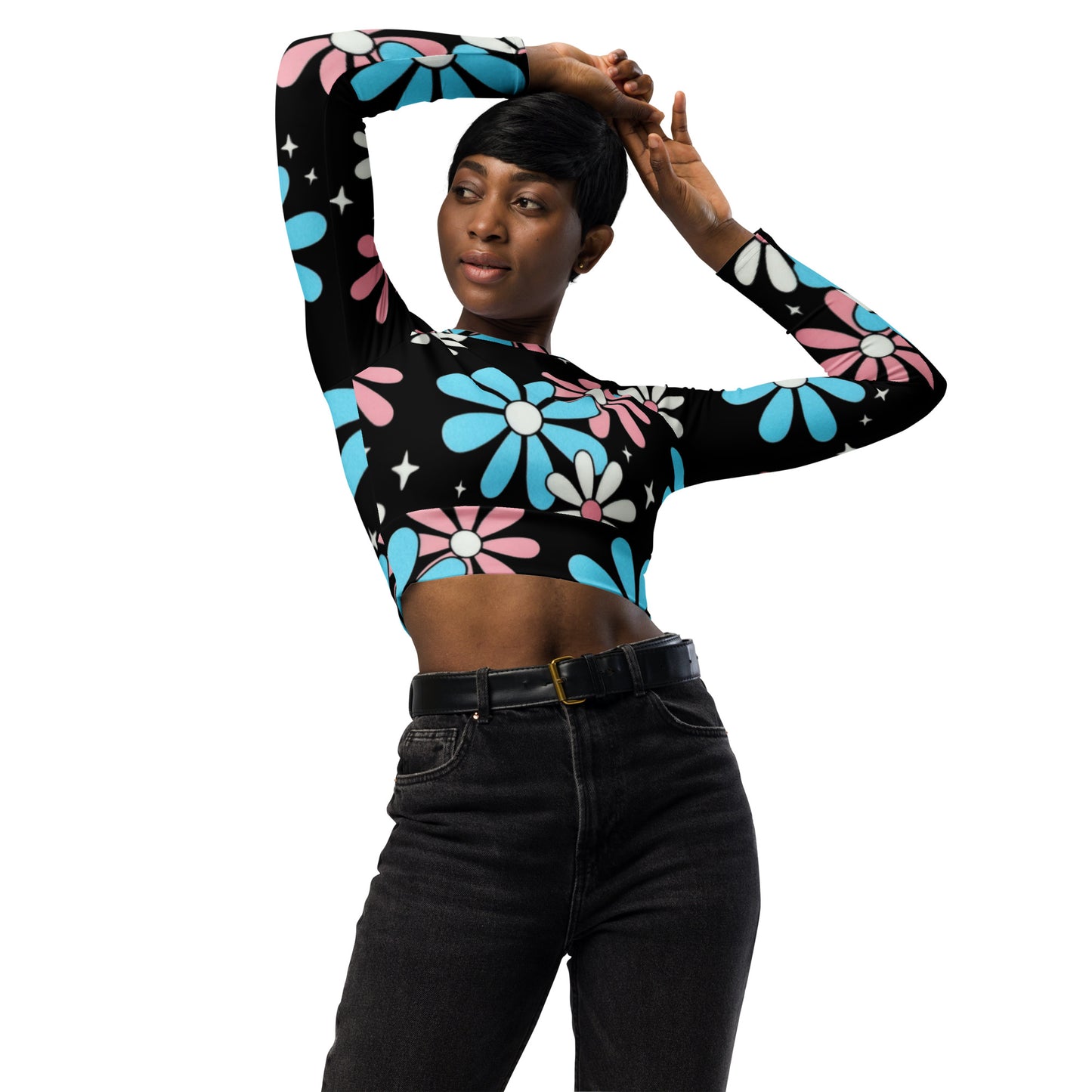 Blue Pink White Big Daisies Pride Cropped Gym Top