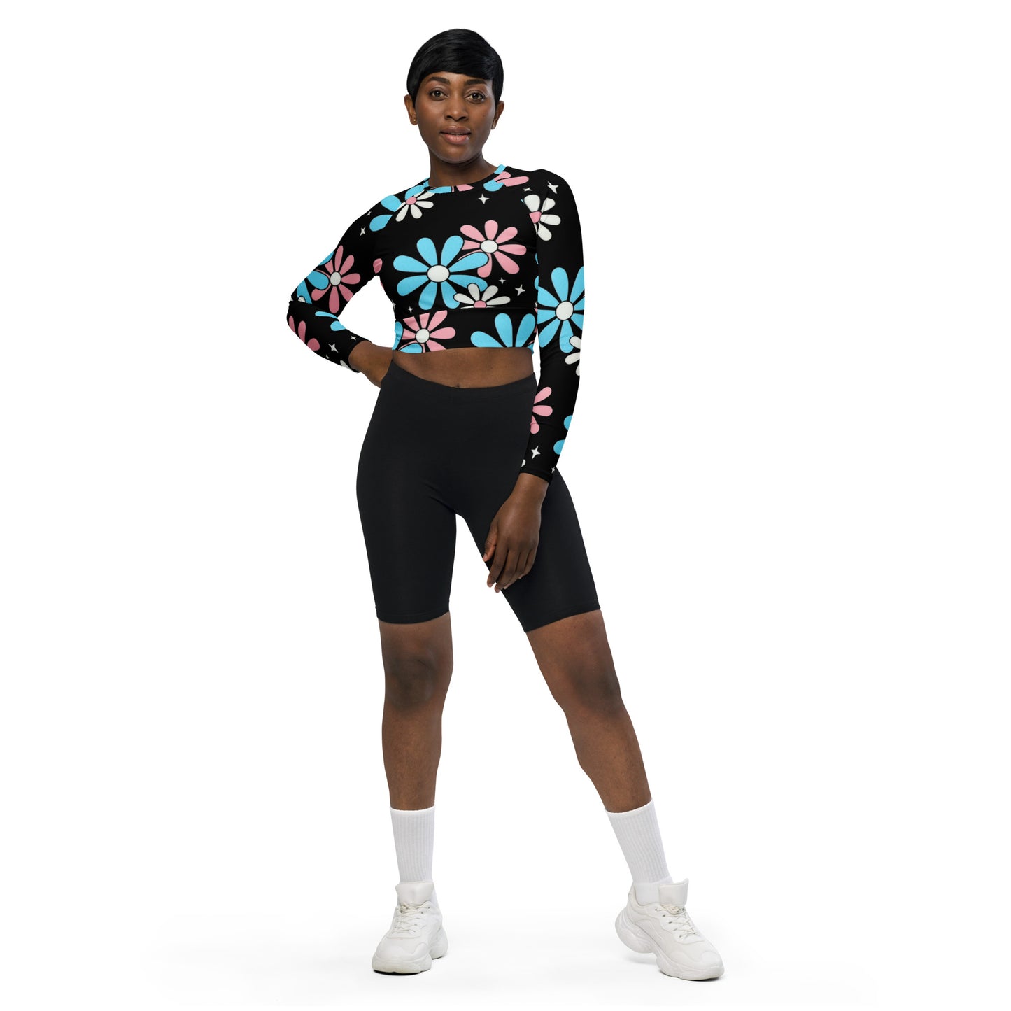 Blue Pink White Big Daisies Pride Cropped Gym Top