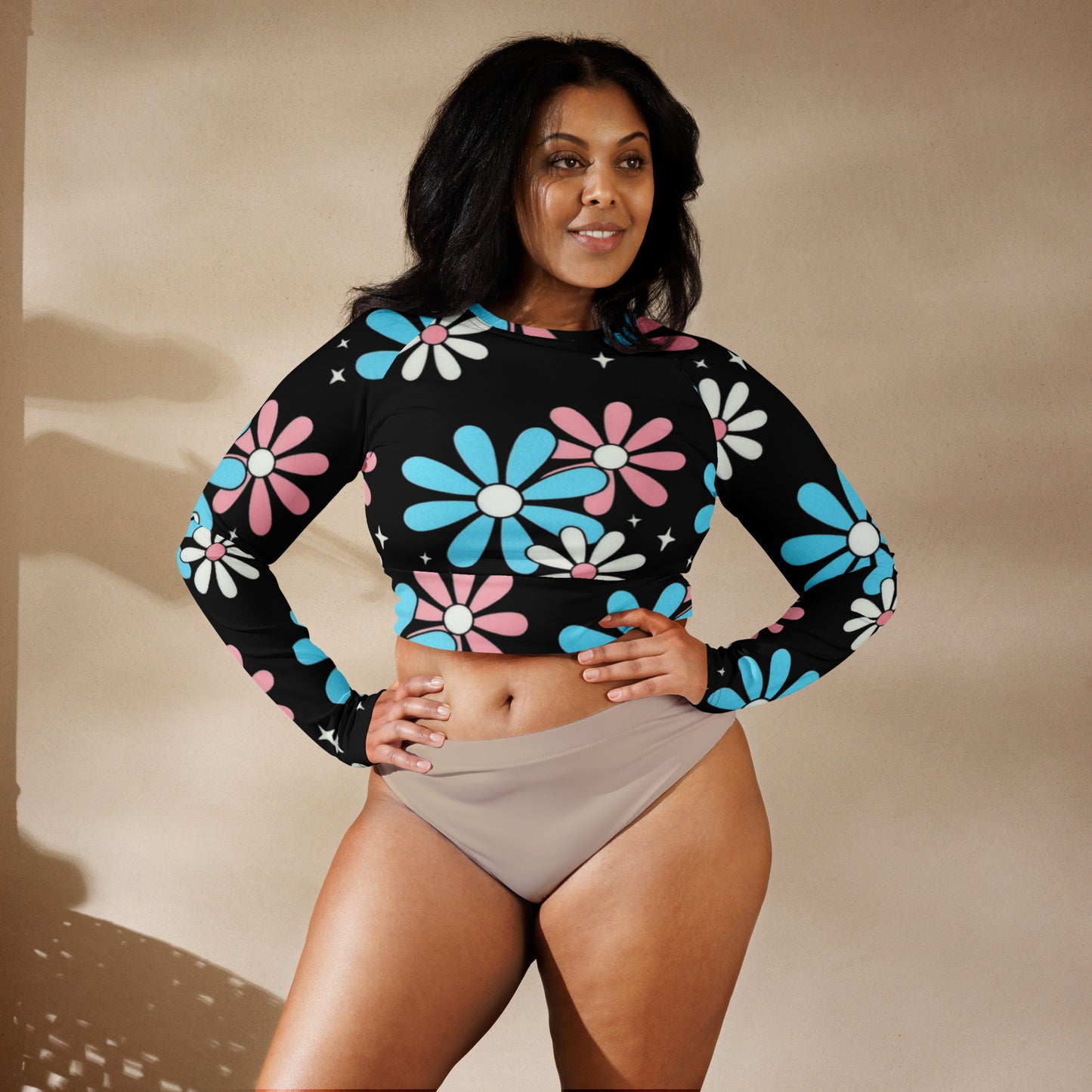 Blue Pink White Big Daisies Pride Cropped Gym Top