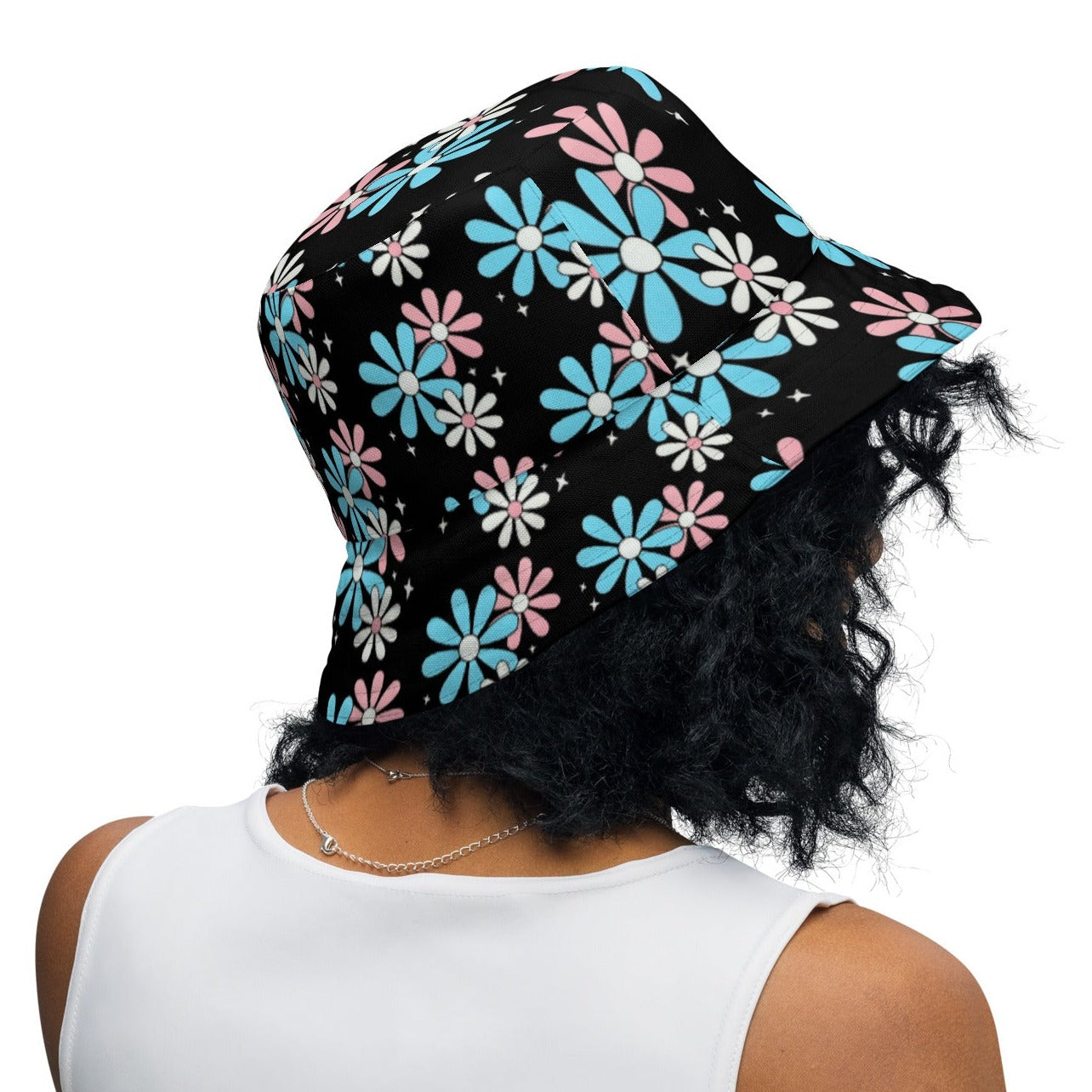 Blue Pink White Big Daisies Series Black Reversible Bucket Hat