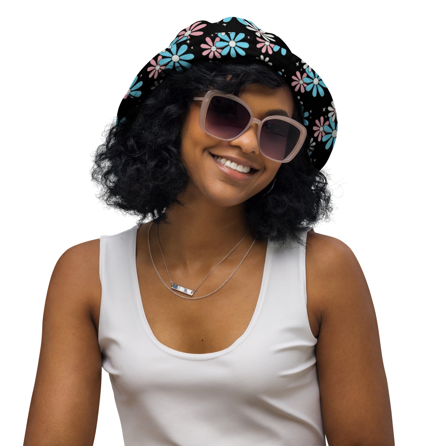 Blue Pink White Big Daisies Series Black Reversible Bucket Hat