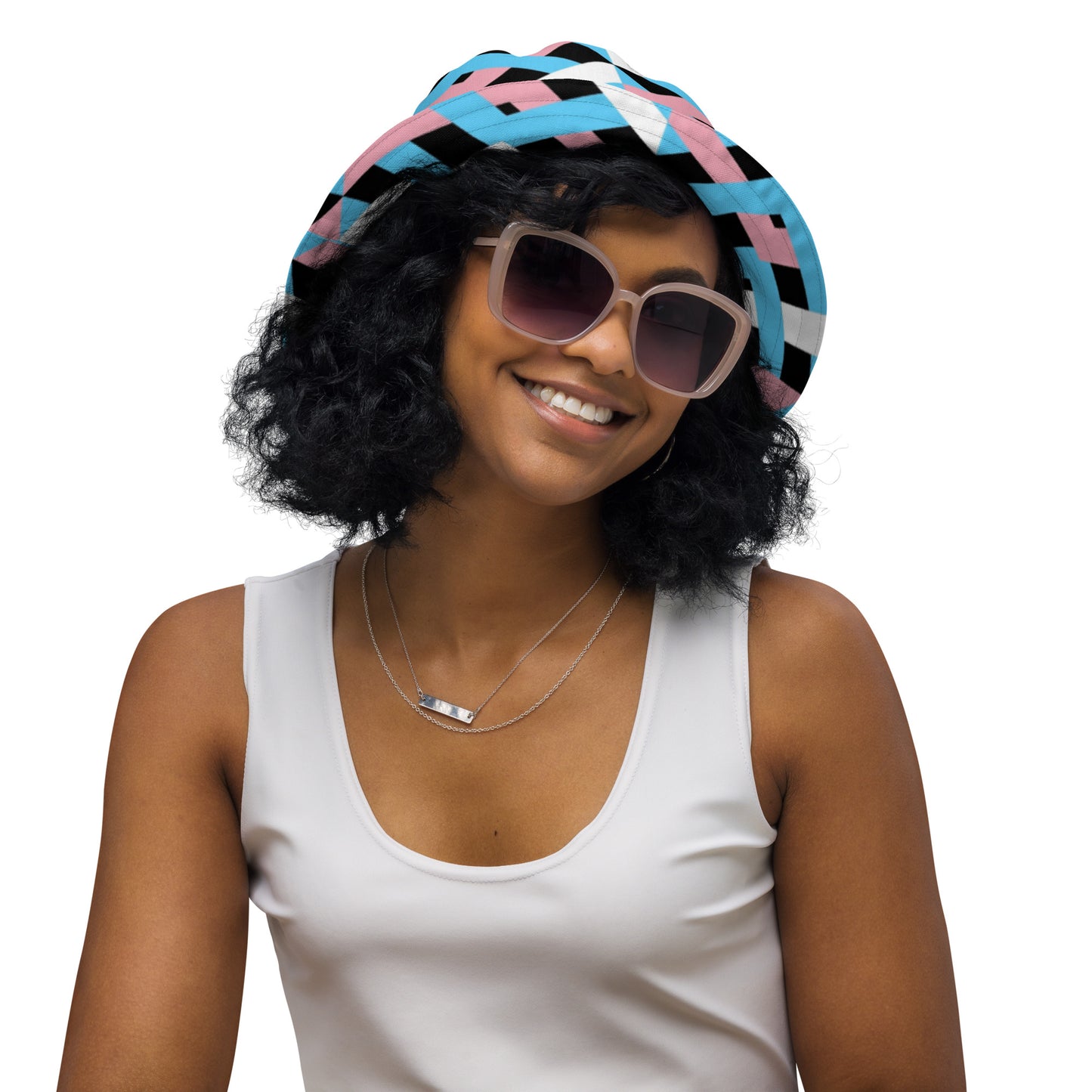 Blue Pink White Pride Lattice Series Black Reversible Bucket Hat
