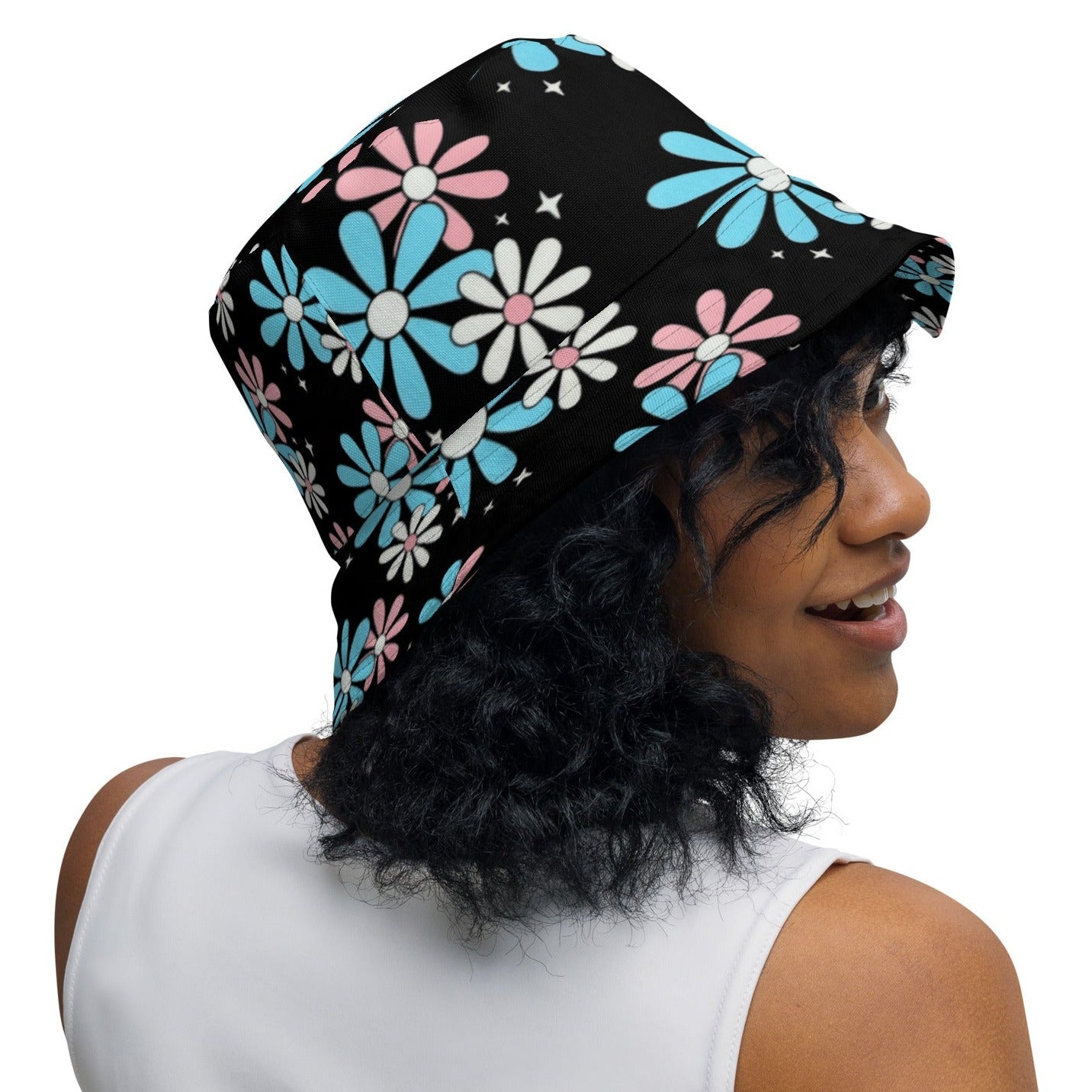 Blue Pink White Big Daisies Series Black Reversible Bucket Hat
