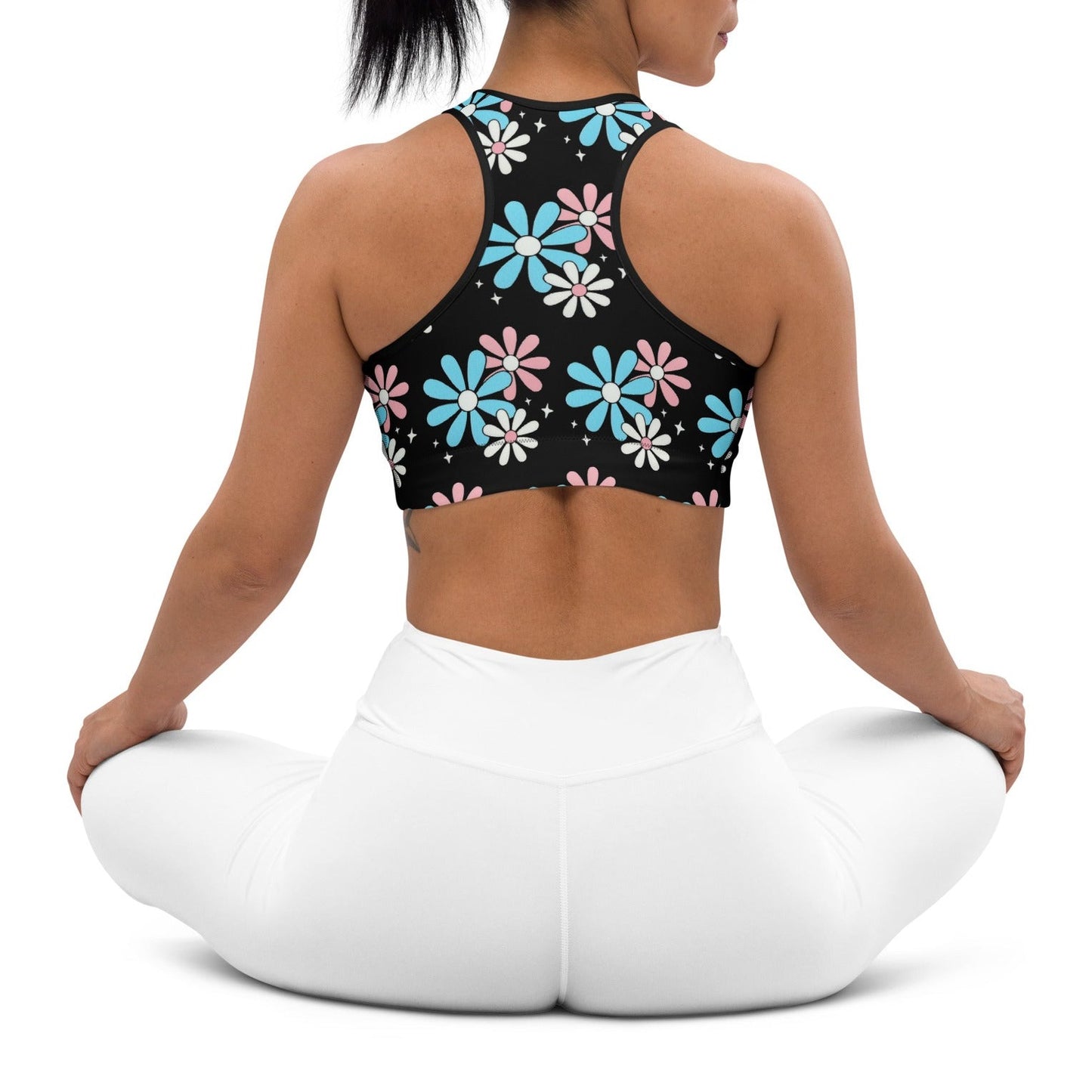 Blue Pink White Big Daisies Series Black Athleisure Sports Bra