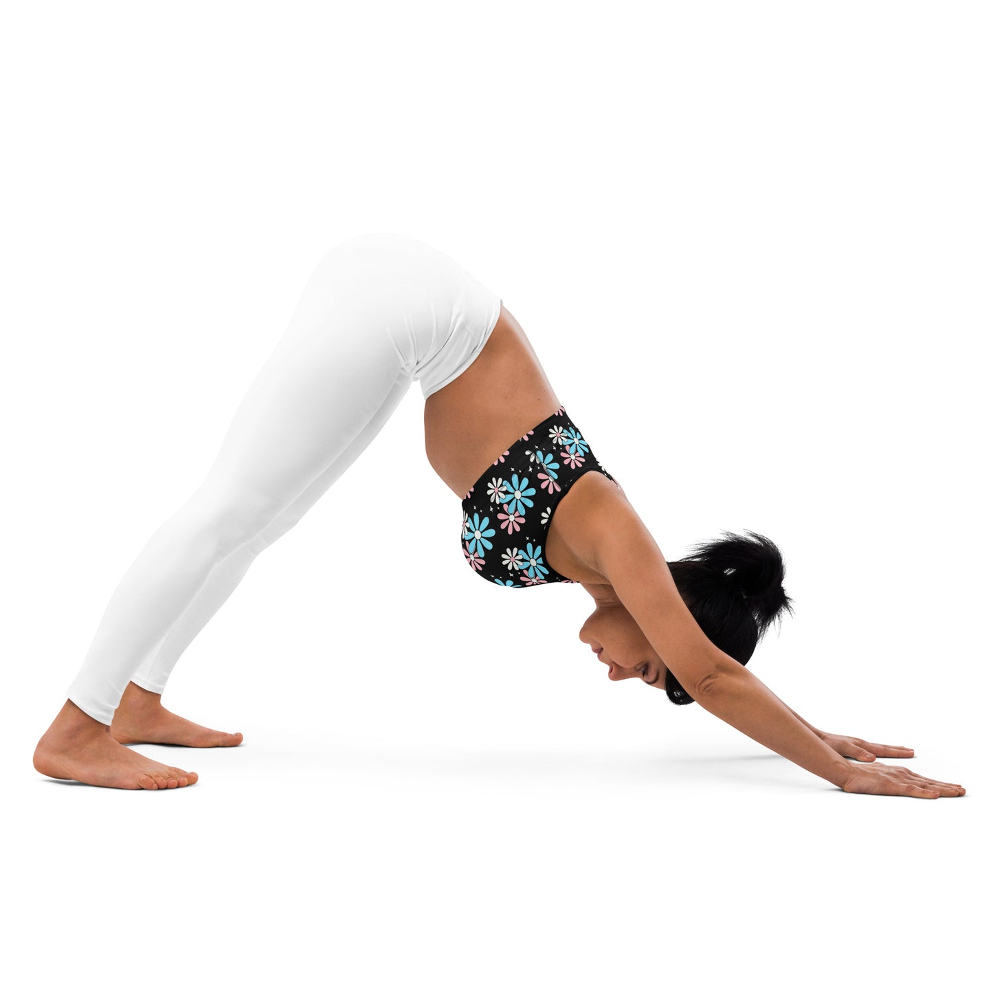 Blue Pink White Big Daisies Series Black Athleisure Sports Bra