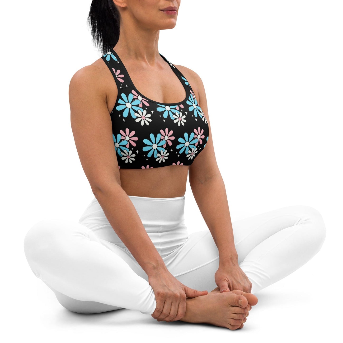 Blue Pink White Big Daisies Series Black Athleisure Sports Bra