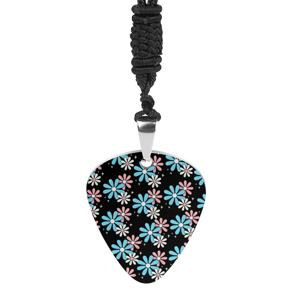 Blue Pink White Big Daisies Titanium Steel Guitar Pick Pendant Necklace