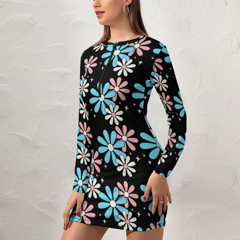 Women's Zipper Long Sleeve Hip Dress