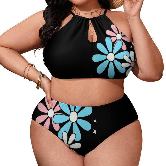 Plus Size Blue Pink White Big Daisies Black Two Piece Stylish Bikini