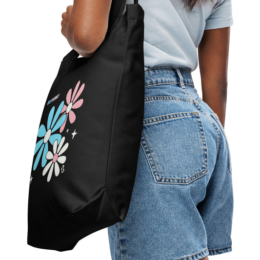 Blue Pink White Big Daisies Series Black Cotton Tote Bag