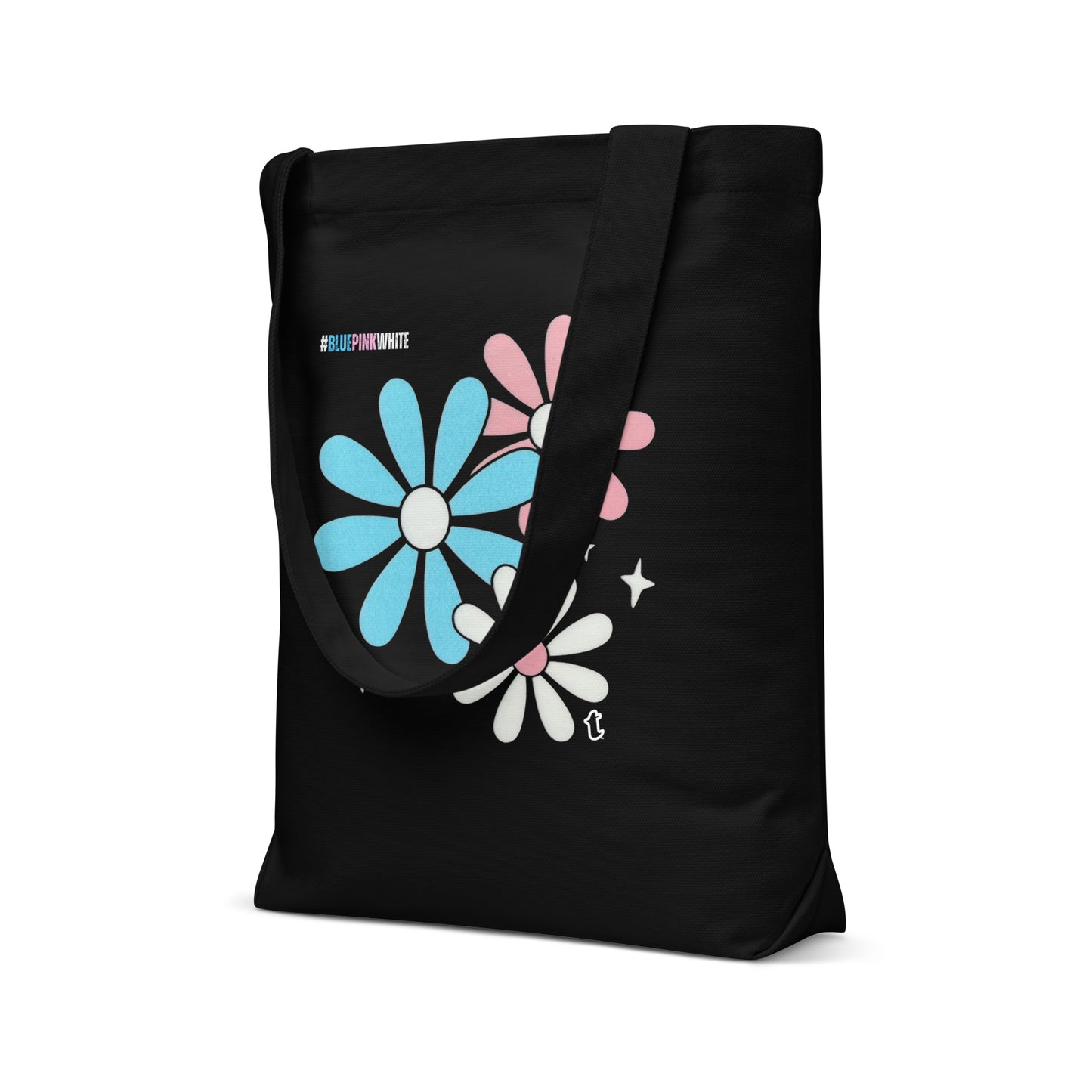 Blue Pink White Big Daisies Series Black Cotton Tote Bag