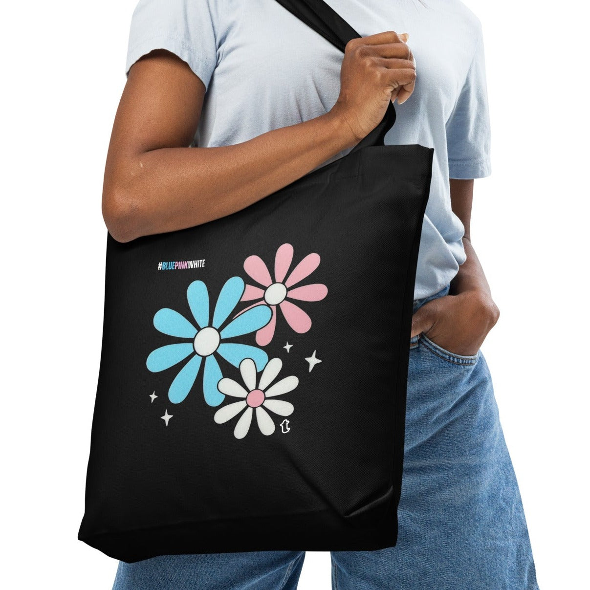 Blue Pink White Big Daisies Series Black Cotton Tote Bag