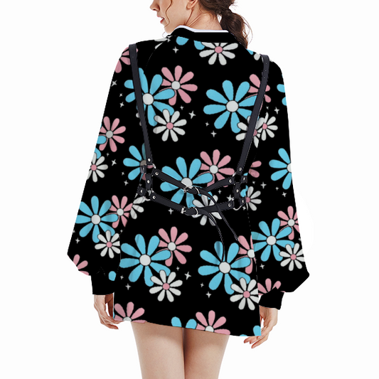 Plus Size Blue Pink White Big Daisies Series Black Trumpet Sleeved Cheongsam Elegant Above-the-Knee Dress