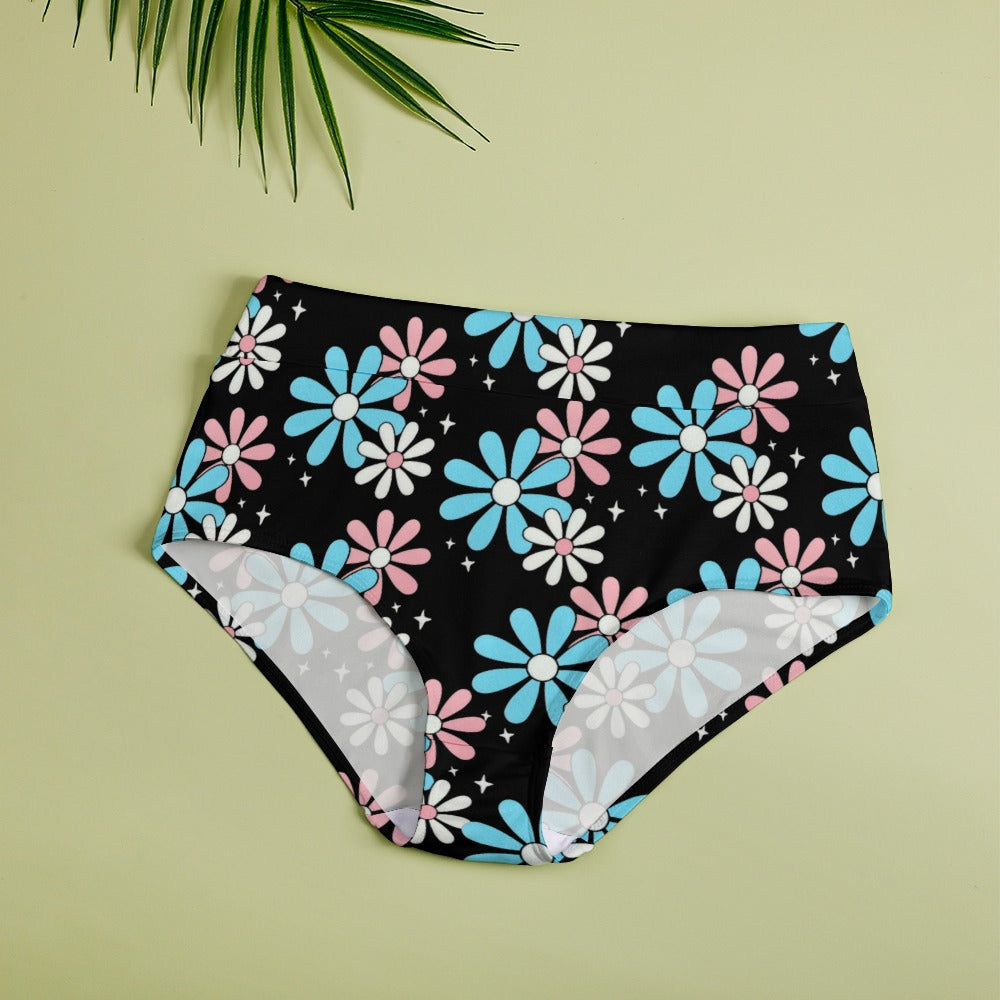 Blue Pink White Big Daisies Pride Black Statement High-Waist Knickers