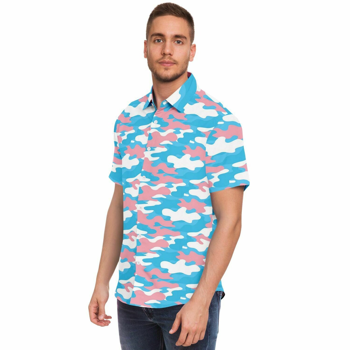 Blue Pink White All Over Pride Camouflage Boyfriend Short Sleeved Shirt