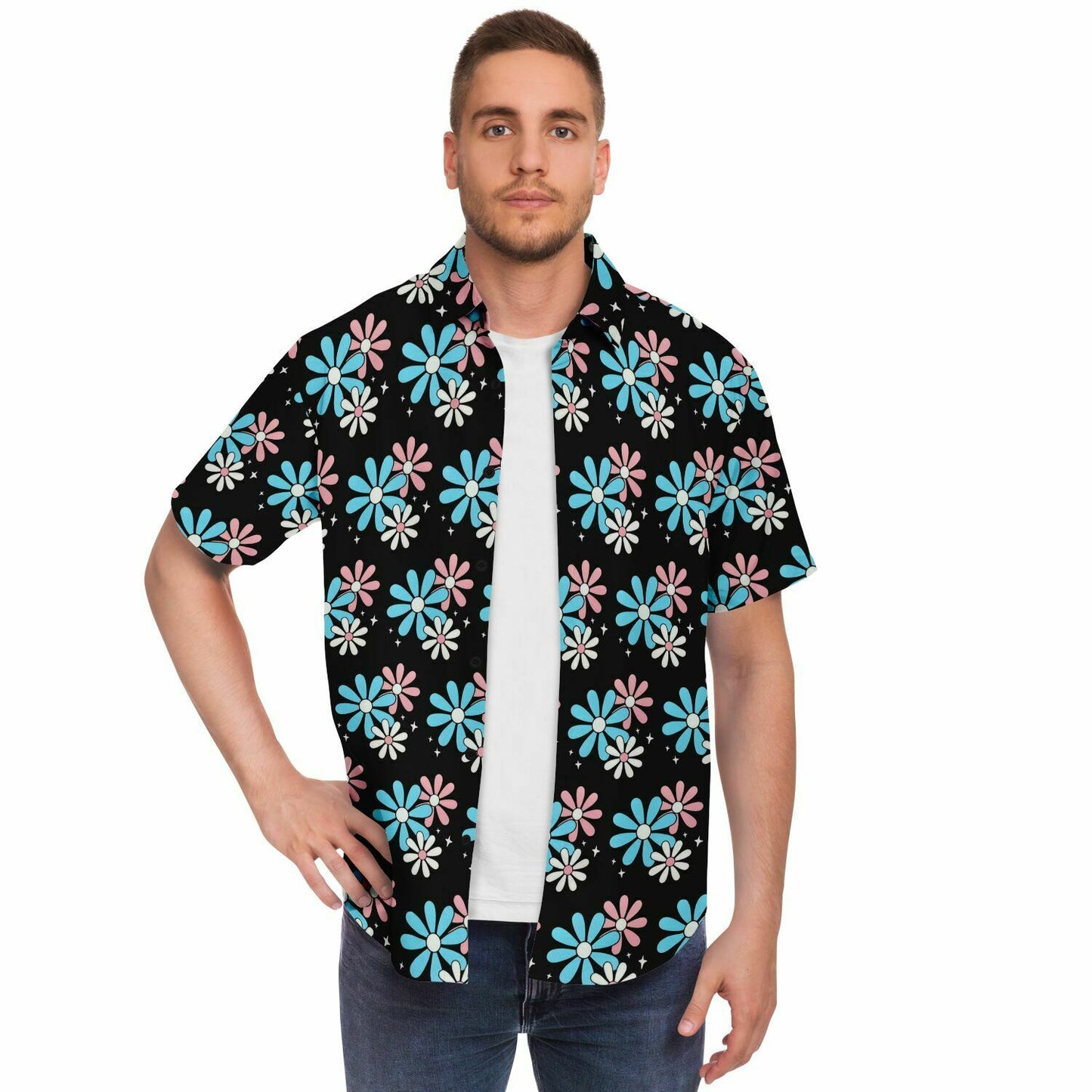 Blue Pink White Big Daisies Series Boyfriend Short Sleeved Shirt