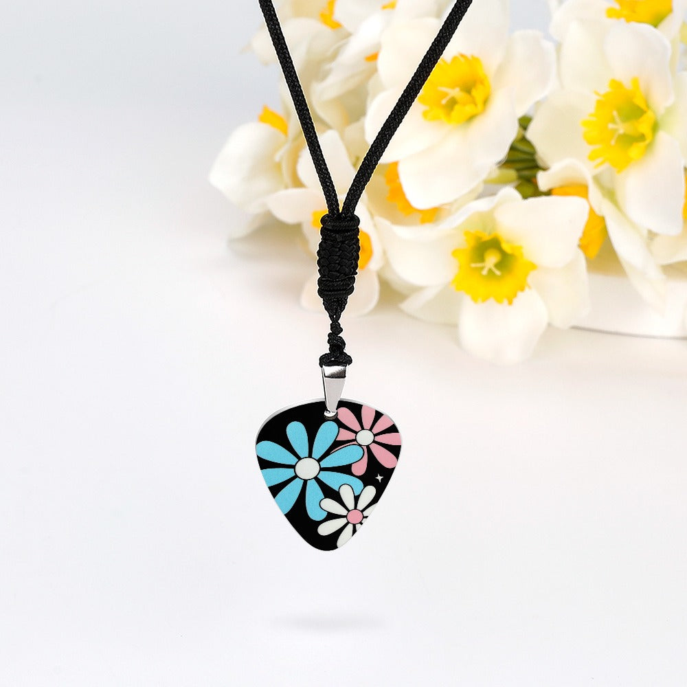 Blue Pink White Big Pride Daisies Titanium Steel Guitar Pick Pendant Necklace