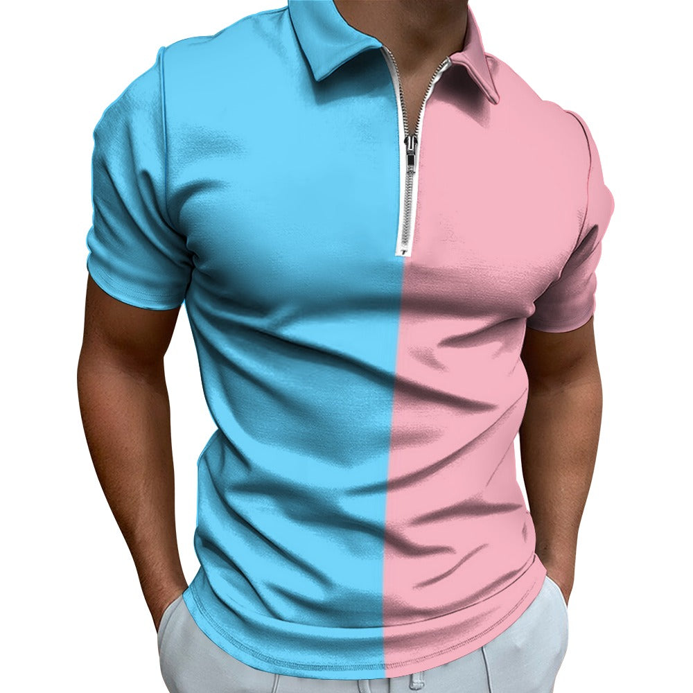 Plus Size Blue Pink White All Over Vive l'Paris Pride Half-Zip Boyfriend Polo