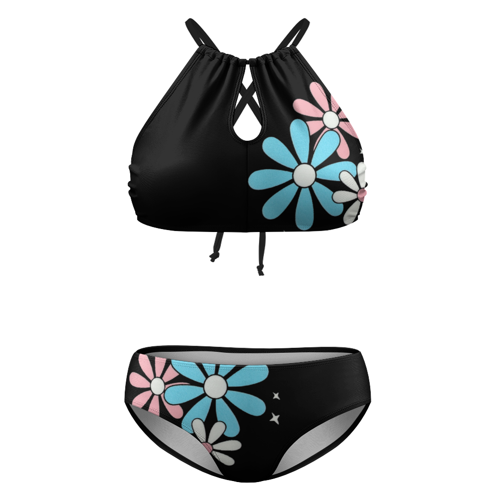 Plus Size Blue Pink White Big Daisies Black Two Piece Stylish Bikini