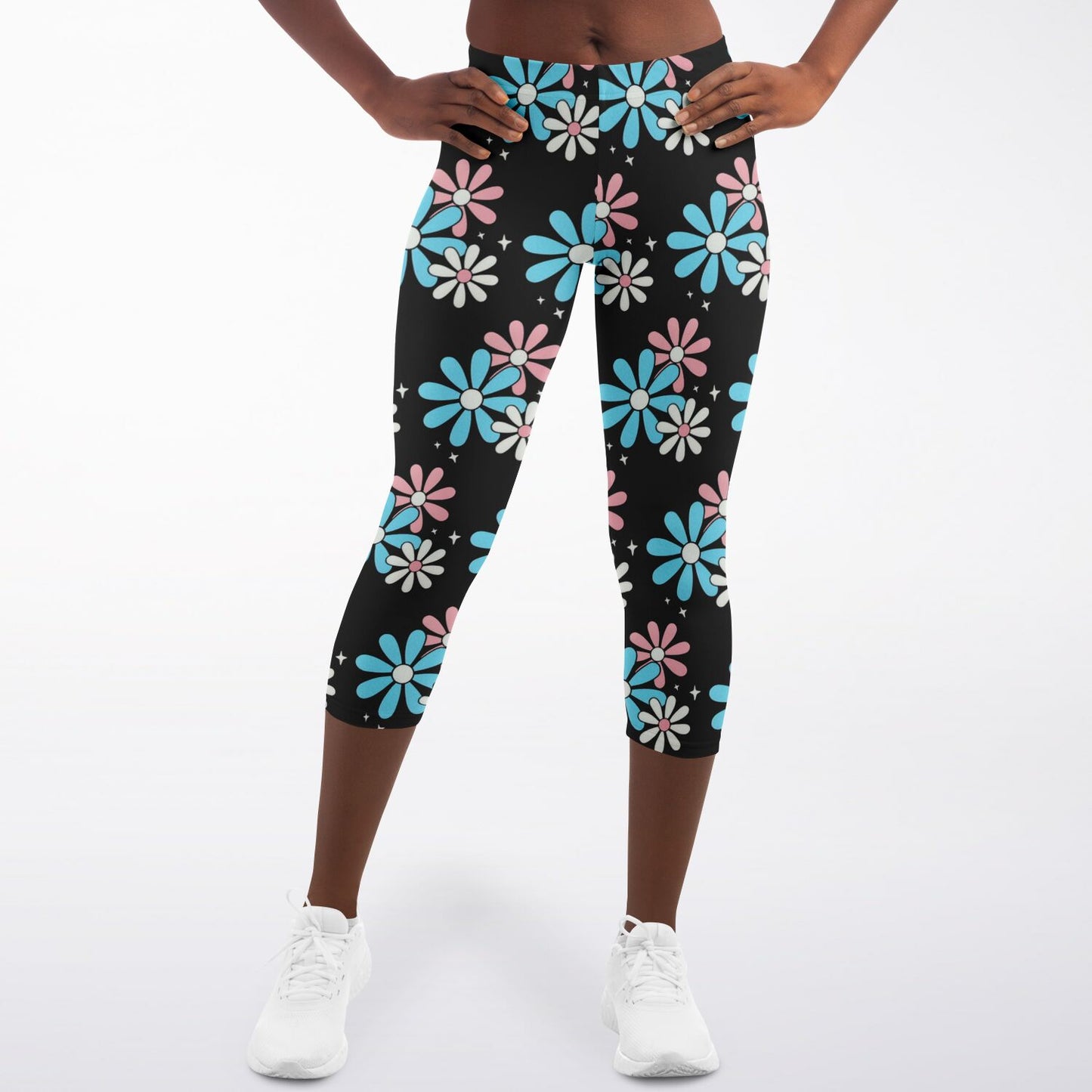 Blue Pink White Big Daisies Series Black Pilates Yoga Capri