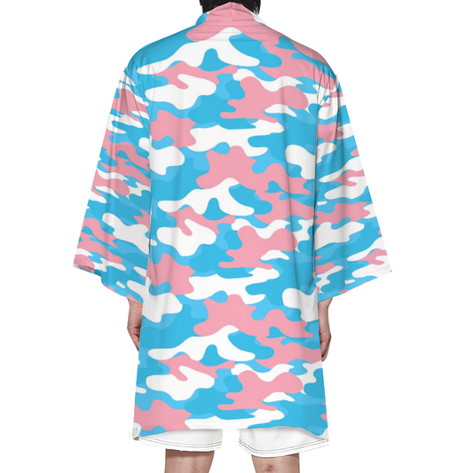Plus Size Blue Pink White Pride Camouflage Satin Haori Boyfriend Beach Kimono