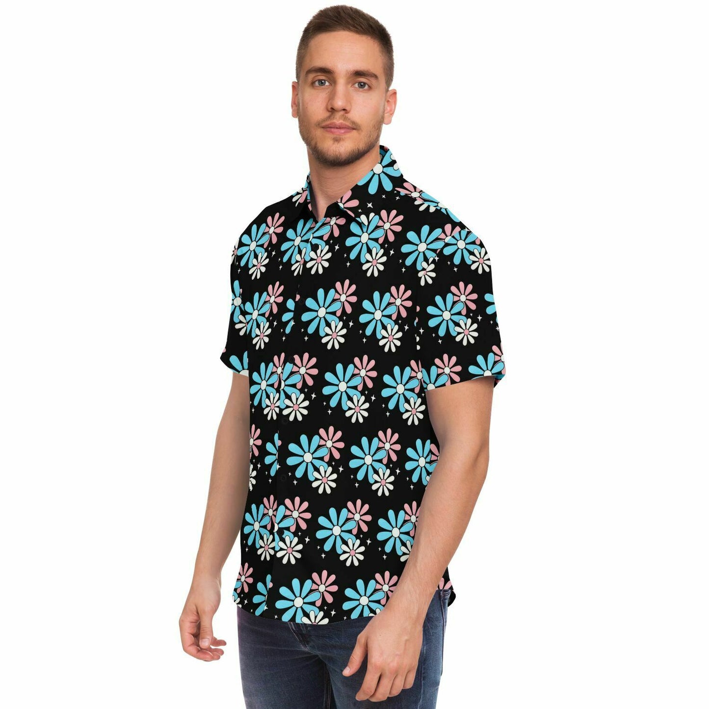 Blue Pink White Big Daisies Series Boyfriend Short Sleeved Shirt