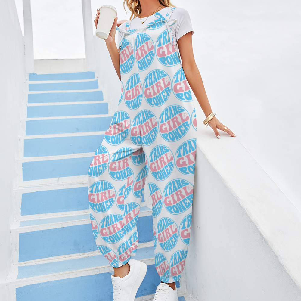 Blue Pink White All Over Pride 'TRANS GIRL POWER' White Bow-Tie Dungarees