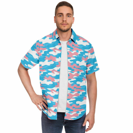 Blue Pink White All Over Pride Camouflage Boyfriend Short Sleeved Shirt