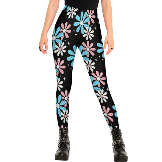Blue Pink White Pride Daisy Series Black Casual Wear Leggings