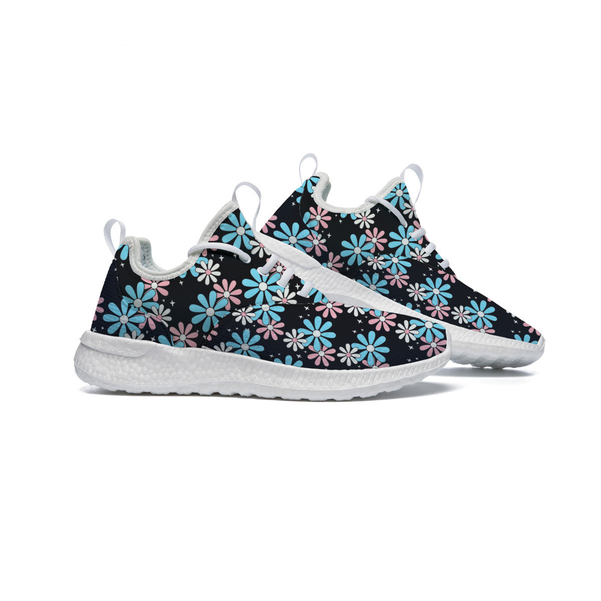 Blue Pink White Big Daisies Pride Black Canvas Low Cut Sneakers