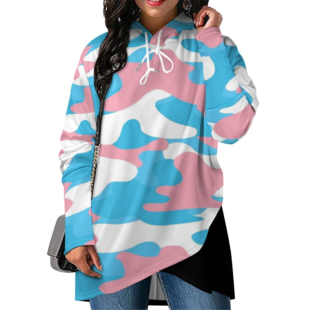 Plus Size Blue Pink White Pride Camouflage/Black Asymmetric Hooded Sweatshirt