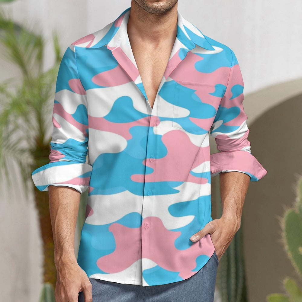 Blue Pink White Camouflage Boyfriend Peach Velvet Casual Shirt